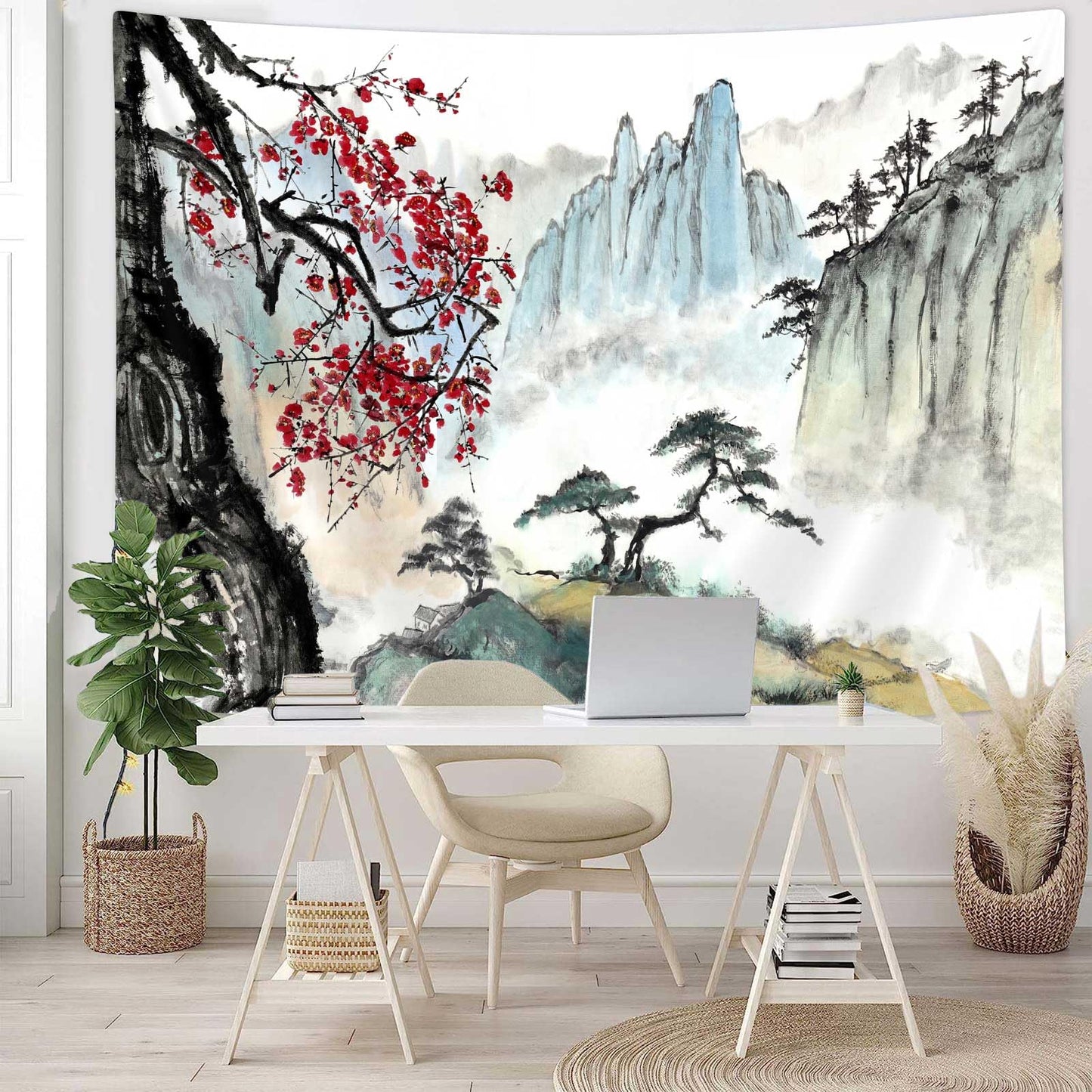 Bcsewcg Cherry Blossom Mountain Tapestry, Asian Nature Landscape Tapestries for Bedroom & Living Room Home Decor