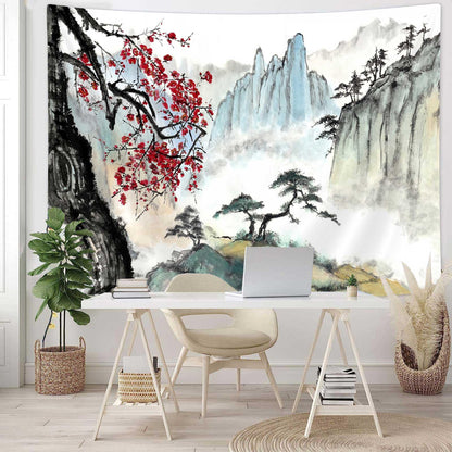 Bcsewcg Cherry Blossom Mountain Tapestry, Asian Nature Landscape Tapestries for Bedroom & Living Room Home Decor