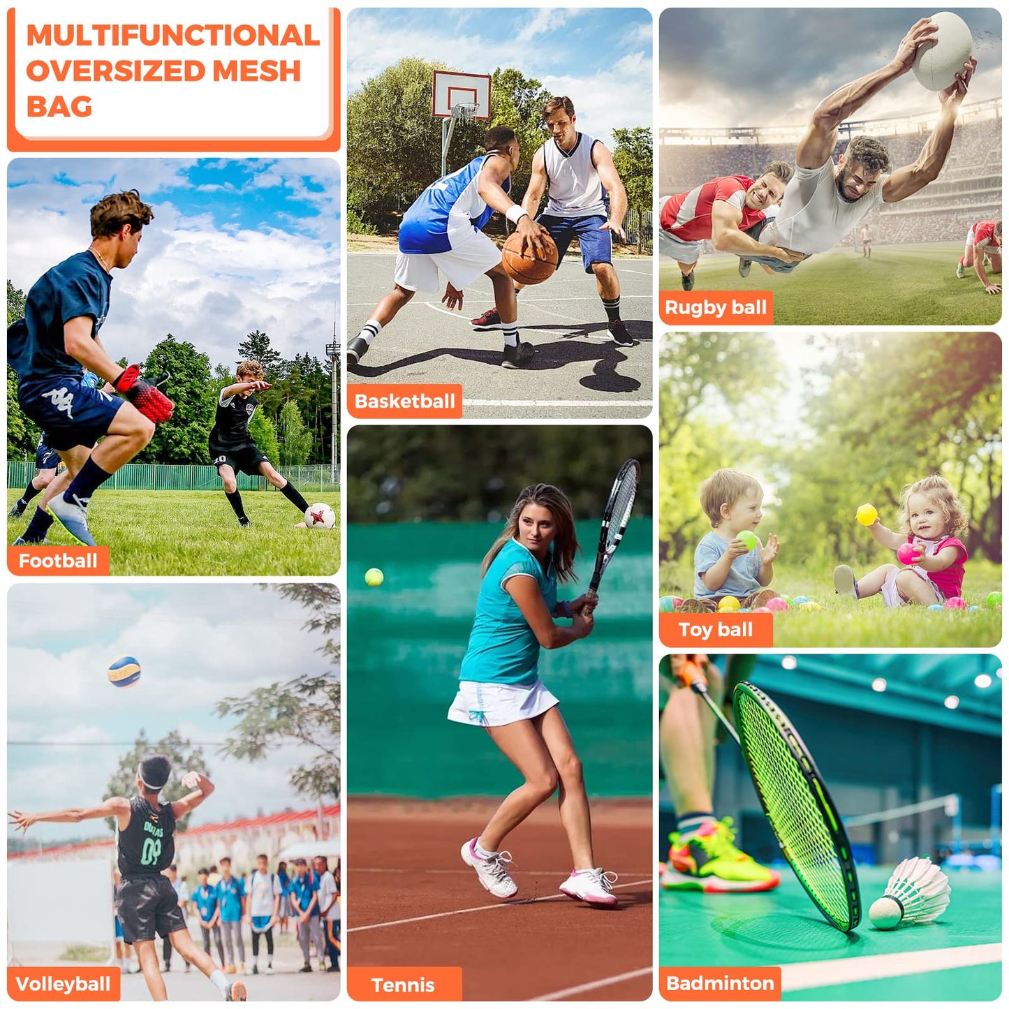 Extra Large Sports Ball Bag, Mesh Soccer Team Balls Bag, Drawstring Sport Equipment Storage Bag for Basketball, Beach Cloth and Swimming Gears with Adjustable Shoulder Strap & Front Pocket(30” x 40”)