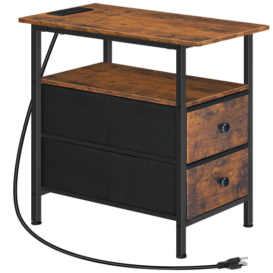 HOOBRO End Table with Charging Station, Narrow Side Table, Nightstand with 2 Non-Woven Drawers, Slim Sofa Side Table, for Small Spaces, Living Room, Bedroom, Rustic Brown and Black BF486UBZ01