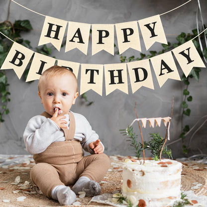 Hooqict Burlap Happy Birthday Banner Sign for Backdrop Black Birthday Decorations for Men Women Kids 1st 2nd 3rd Party Banner Wall Door Garland Bunting Flag