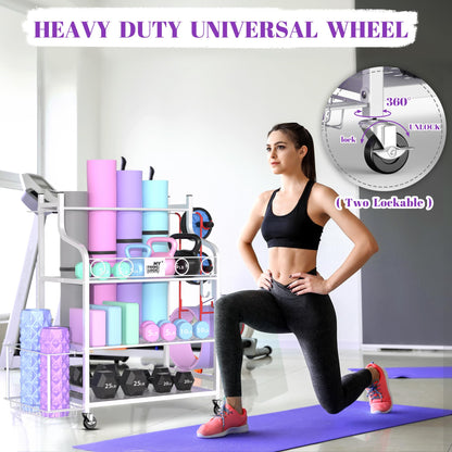 Mythinglogic Yoga Mat Storage Racks,Home Gym Storage Rack for Dumbbells Kettlebells Foam Roller, Yoga Strap and Resistance Bands, Workout Equipment Storage Organizer With Hooks and Wheels