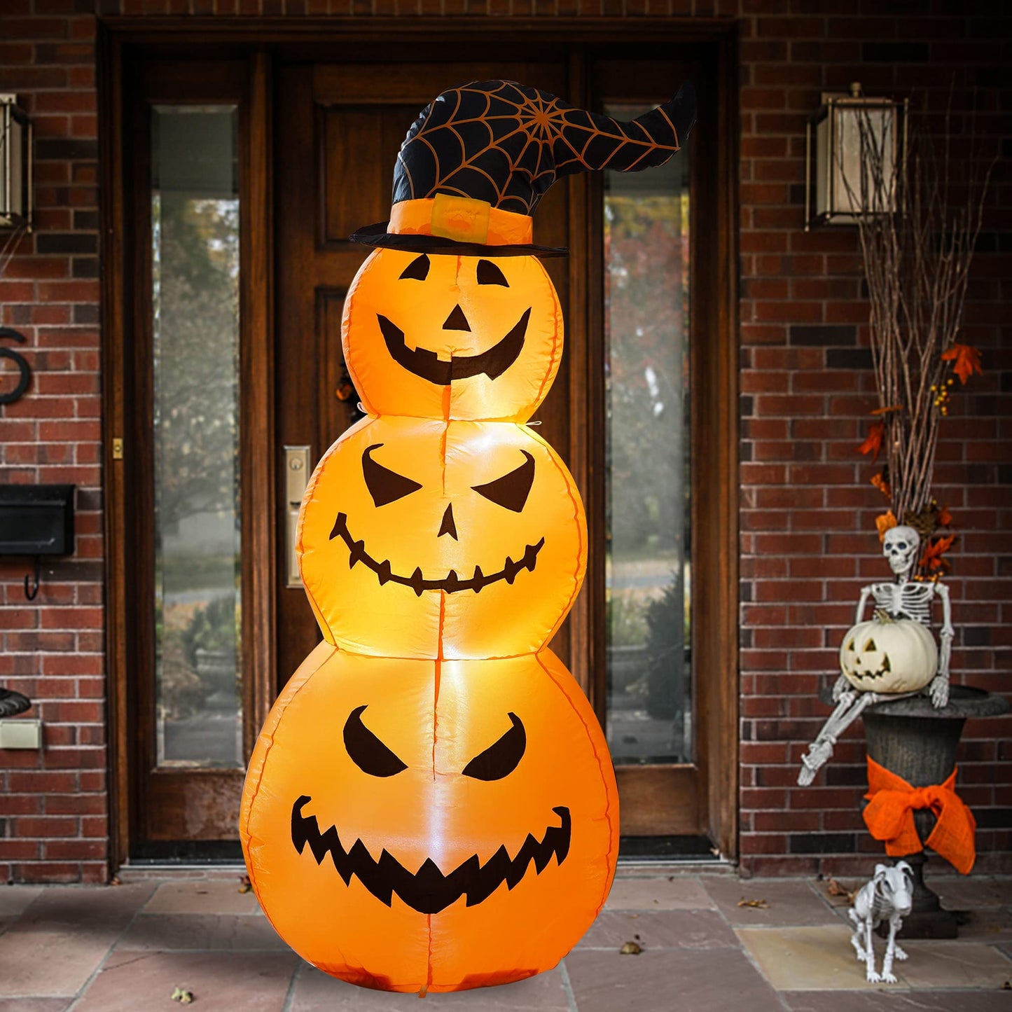 Hourleey 5 FT Halloween Inflatables Outdoor Stacked Pumpkins with Witches Hat, Halloween Blow Up Yard Decorations with Built-in LED Lights for Indoor Outdoor Party Garden Lawn Holiday Decor