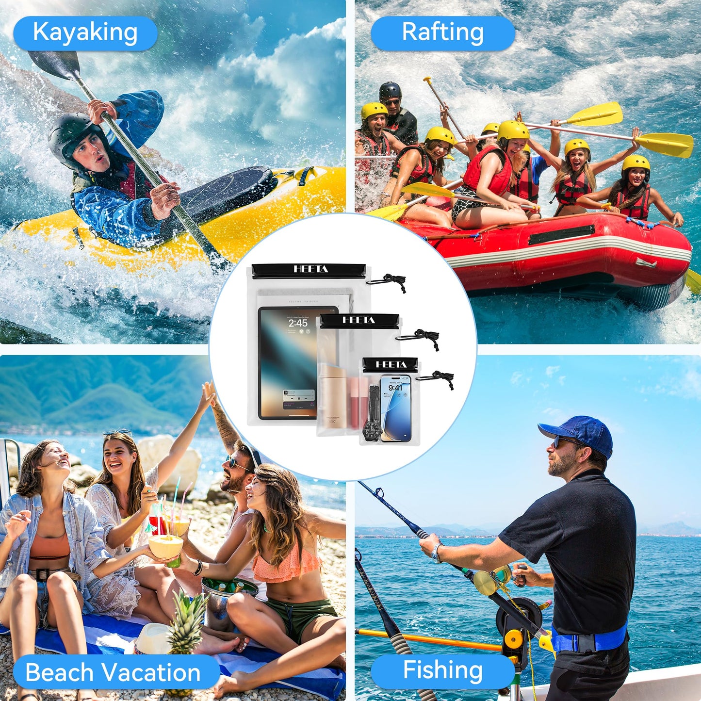 HEETA 5-Pack Clear Waterproof Dry Bag Pouch, Water Tight Cases Dry Bags Document Holder for Camera Mobile Phone Maps, Kayaking Boating (Black)