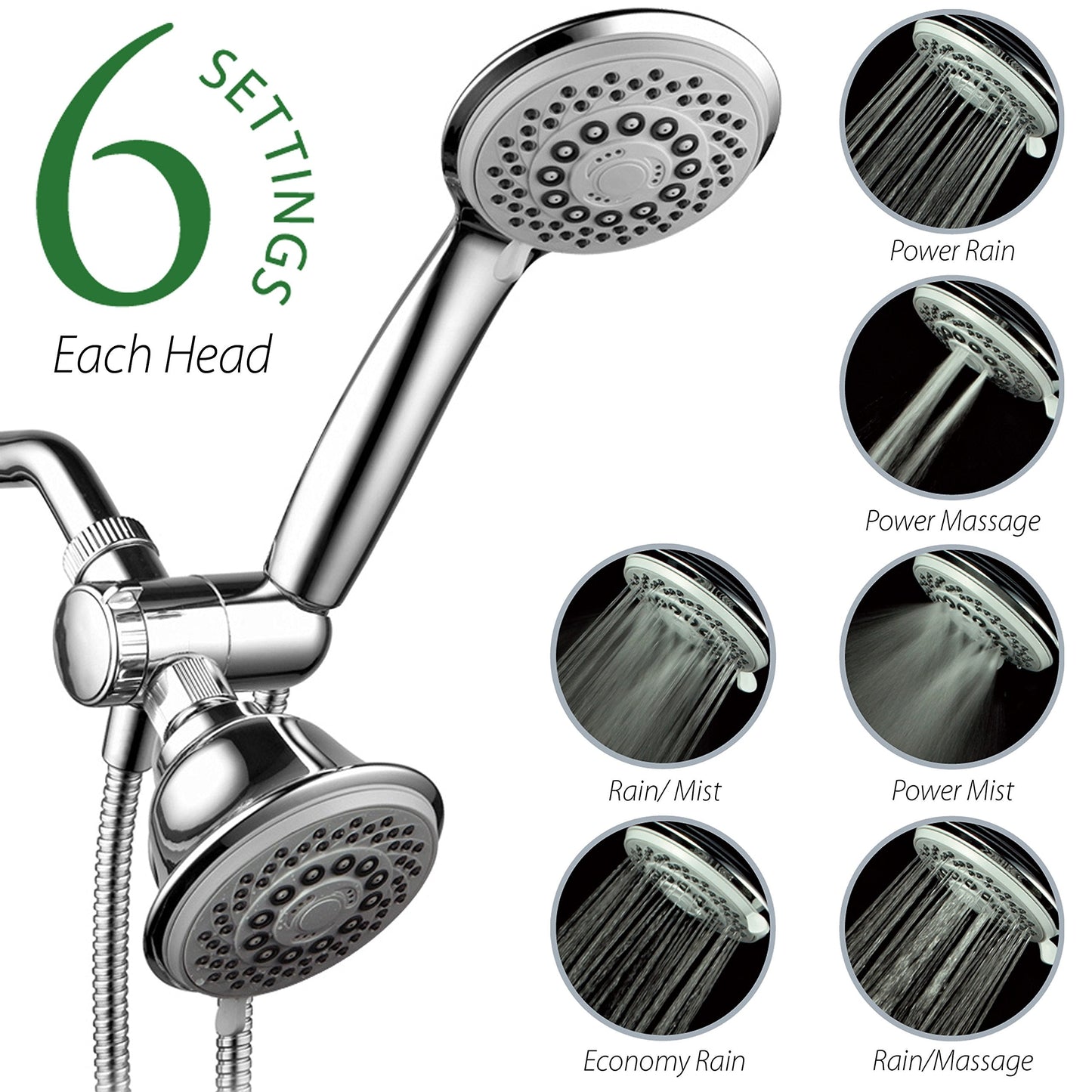 Hotel Spa AquaStorm 30-Setting SpiralFlo 3-Way High Pressure Luxury Shower Head/Handheld Showerhead Combo with Water Saving Economy Mode/Chrome