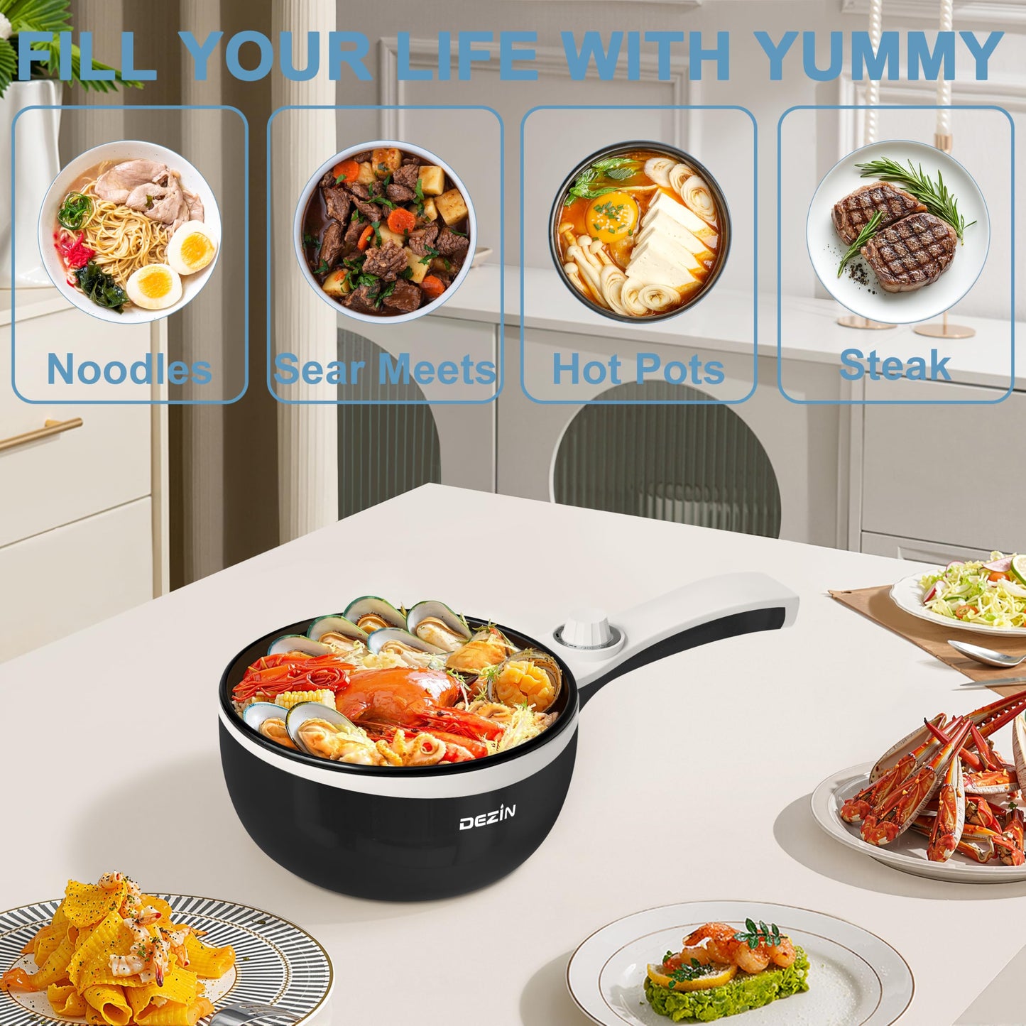 Dezin Hot Pot Electric Upgraded, Non-Stick Sauté Pan, Rapid Noodles Electric Pot, 1.5L Mini Portable Hot Pot for Steak, Egg, Fried Rice, Ramen, Oatmeal, Soup with Power Adjustment