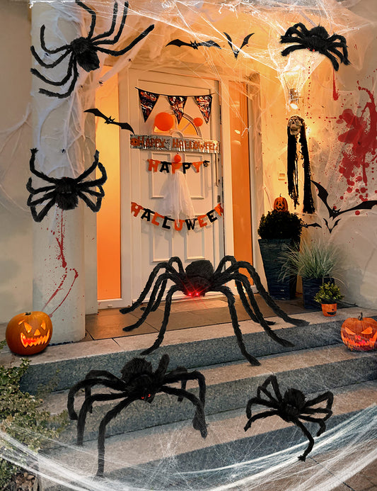 HOPOCO 6 Packs Halloween Plush Spiders Set Scary Fake Spider for Indoor Outdoor Halloween Decor for Home Party Yard Haunted House Decorations (6 Different Sizes)