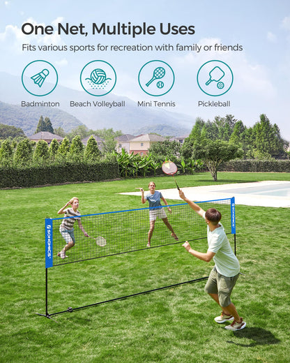 SONGMICS 13 ft Badminton Net, Height Adjustable Volleyball Net, Pickleball Net with Poles, Foldable Nylon Net for Tennis Indoor Outdoor Court, Blue Black USYQ400