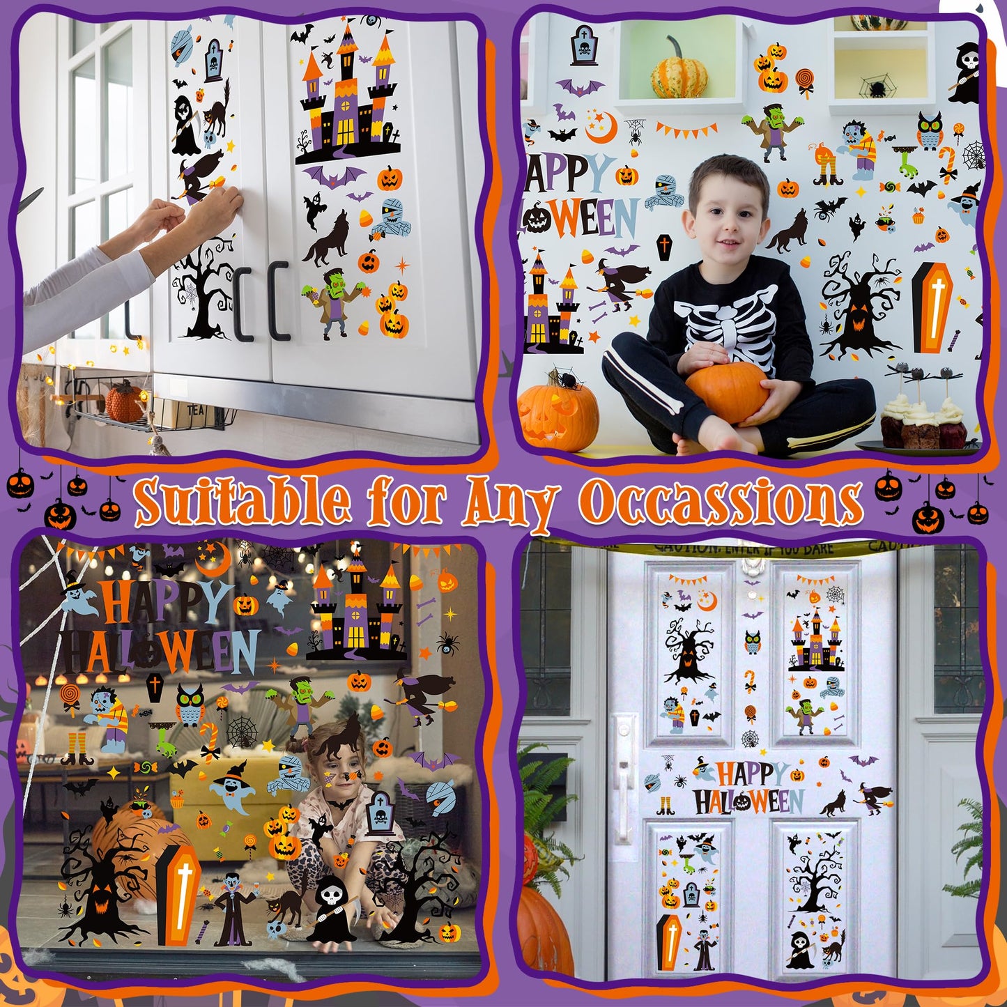 115PCS Halloween Window Clings, 9 Sheets Halloween Decorations, Cute Witch Tree Zombie Ghost Patterns PVC Window Stickers for Treat or Trick Party Favors Decal Supplies Decor Accessories