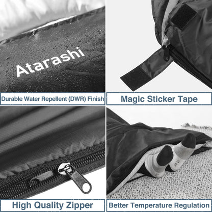 Atarashi Camping Sleeping Bag- 4 Seasons for Adults, Light, Warm, Extra-Large with Compression Sack- Great for Hiking, Backpacking & Outdoor Adventures